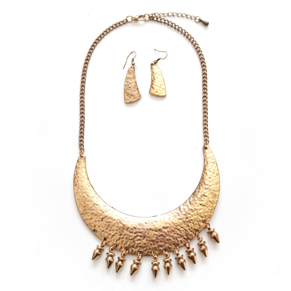 Gold Hammered Statement Bib Necklace Earring Set